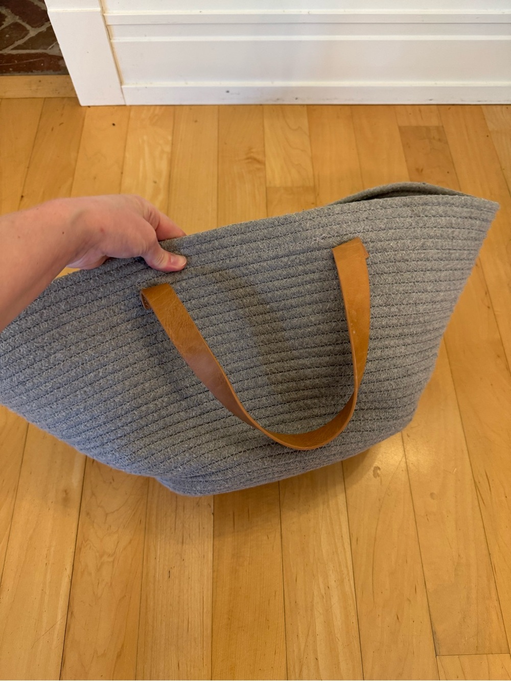 Woven Rope Storage Basket with Leather Handles - Gray